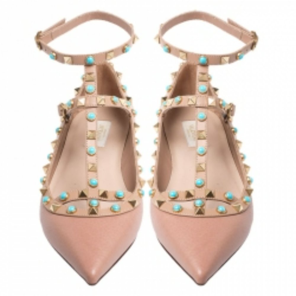 Valentino Beige Leather T Strap Rockstud Ballet Flats Size 40 - Picture 3 of 8